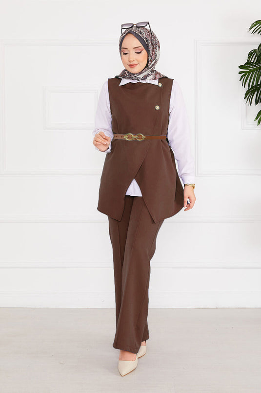 Ensemble De Gilet Avec Ceinture Et Tunique Modeste -11