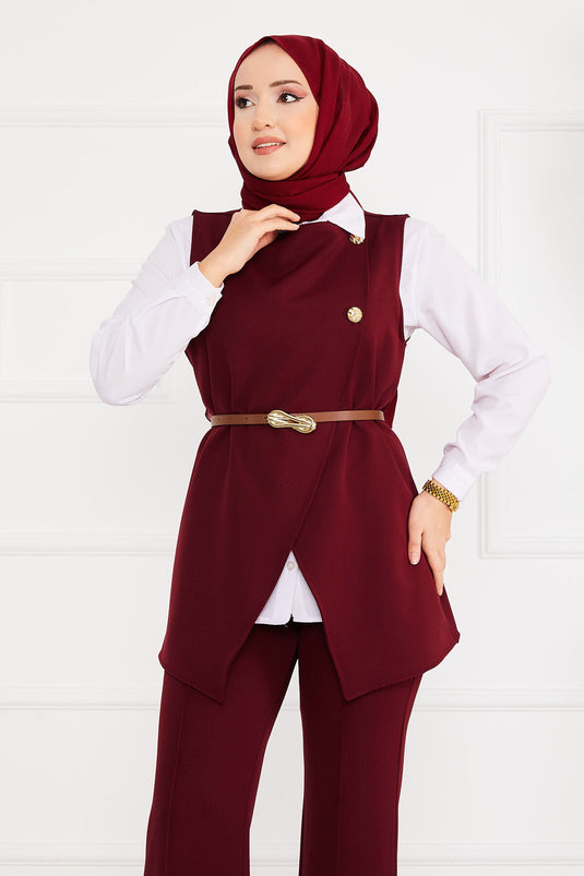 Kemerli Yelekli Tesettür İkili Takım Bordo
