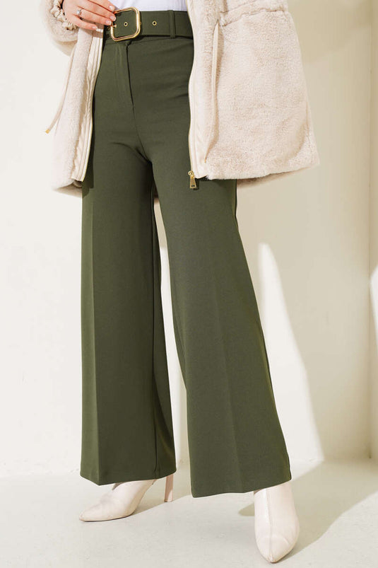 Pantalon kaki large taille haute avec ceinture