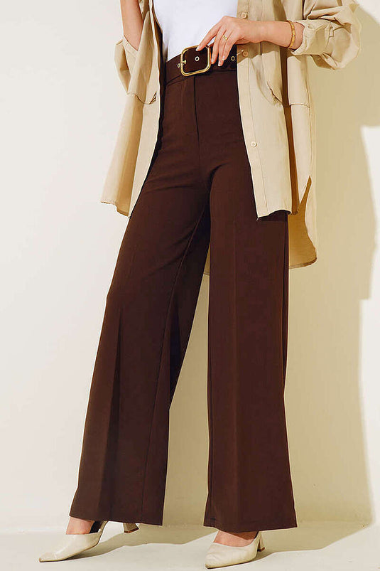 High-Waisted Wide-Leg Brown Pants with Belt