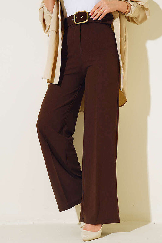 High-Waisted Wide-Leg Brown Pants with Belt