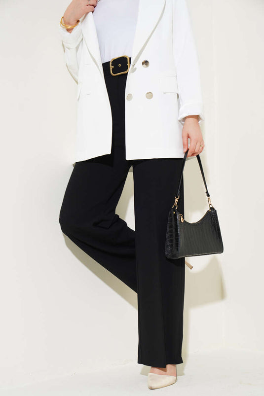 Pantalon large noir taille haute avec ceinture