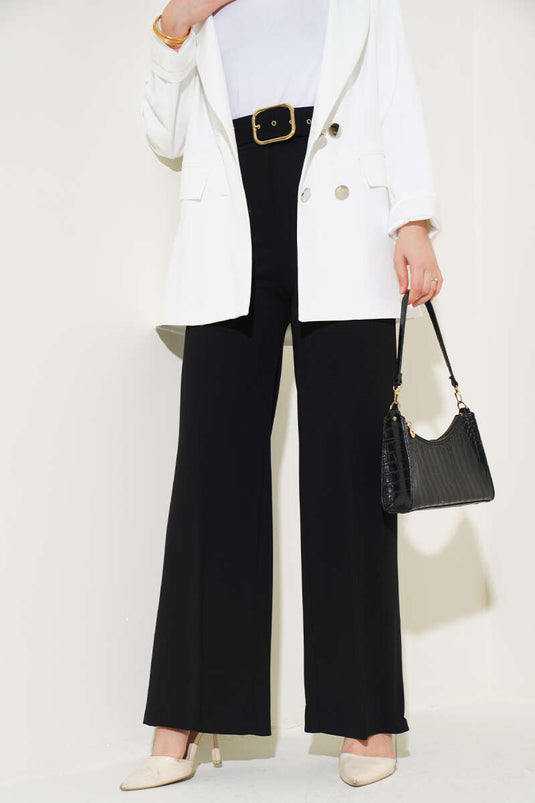 Pantalon large noir taille haute avec ceinture