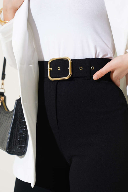 Pantalon large noir taille haute avec ceinture