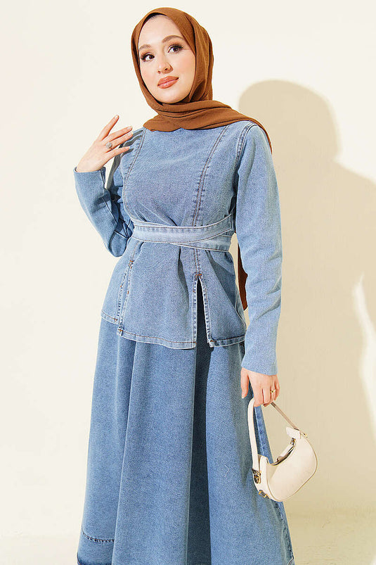 Denim Set with Belted Skirt and Blouse Light Blue