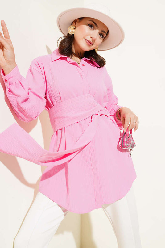 Kendinden Bel Kuşaklı Gömlek Pembe