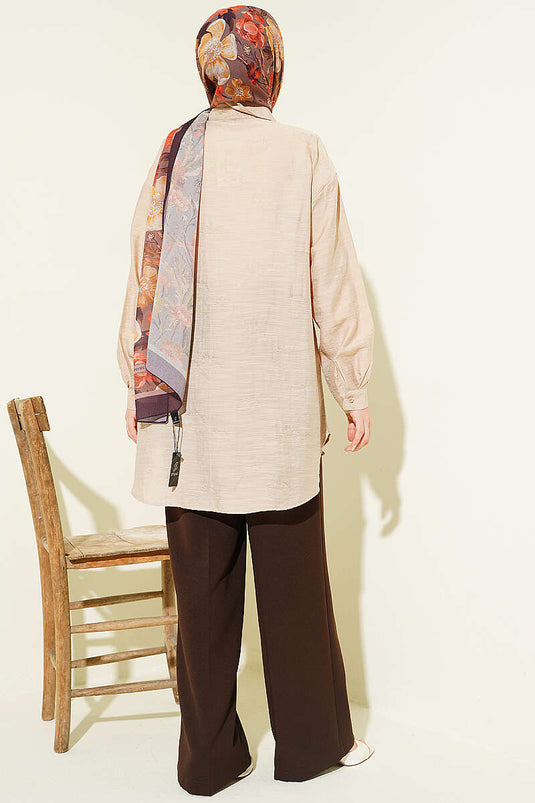 Beige Shirt with Self-Patterned Flowers