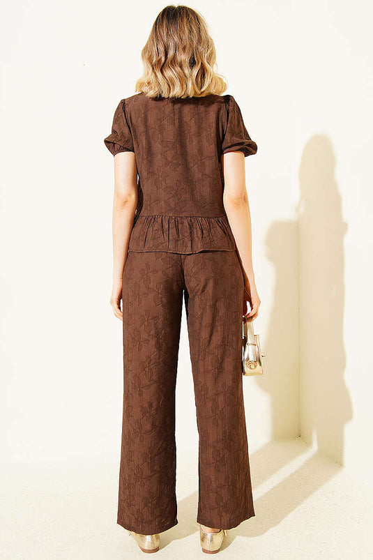 Set met blouse met zelfpatroon en trekkoord, koffiebruin
