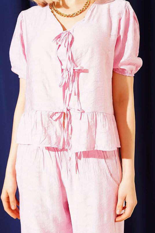 Ensemble blouse à cordon avec motif intégré rose