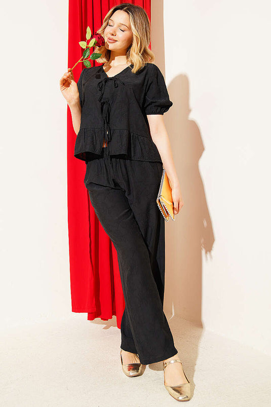 Ensemble blouse à cordon avec motif intégré noir