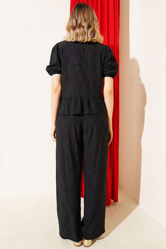 Set met blouse en zelfpatroon, met trekkoord, zwart