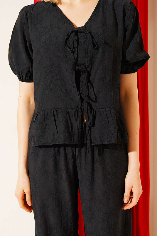 Ensemble blouse à cordon avec motif intégré noir