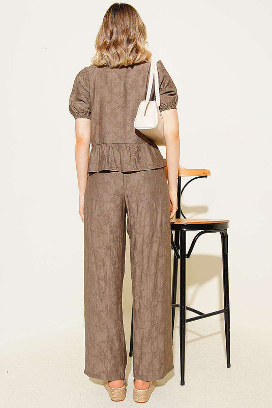 Set met blouse met zelfpatroon en trekkoord, kleur vizon