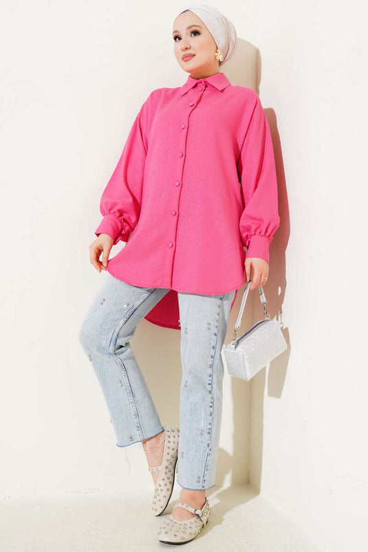 Chemise jacquard à manches ballon à motifs assortis Fuchsia