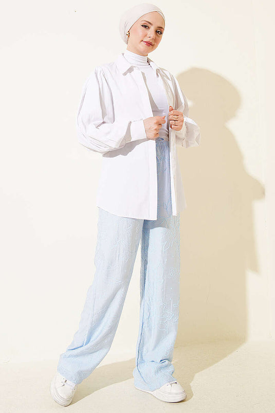 Pantalon à taille élastique avec motif intégré bleu glace
