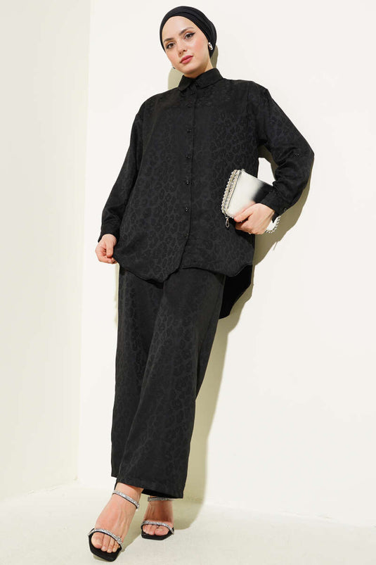 Self-Patterned Jacquard Shirt Two Piece Set Black