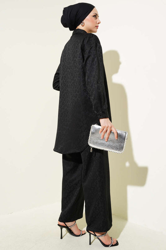 Self-Patterned Jacquard Shirt Two Piece Set Black
