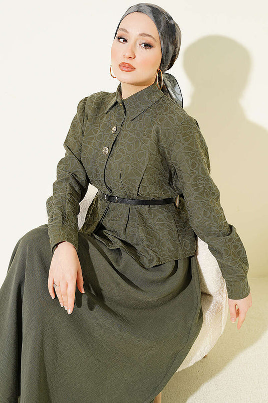 Self-Patterned Belted Tencel Skirt Set in Khaki