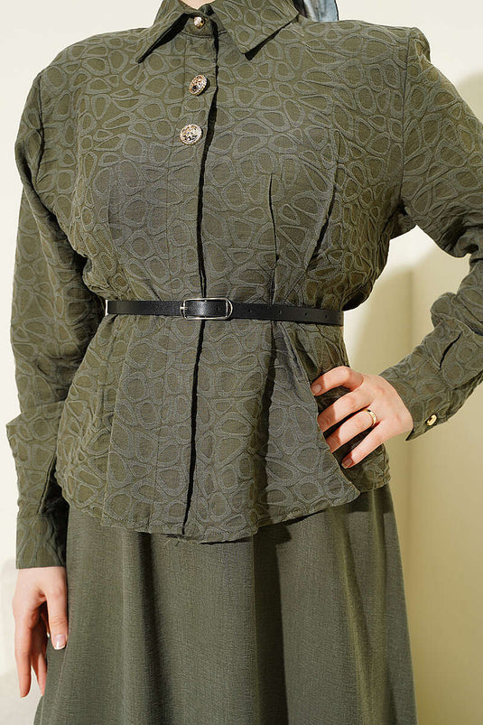 Self-Patterned Belted Tencel Skirt Set in Khaki