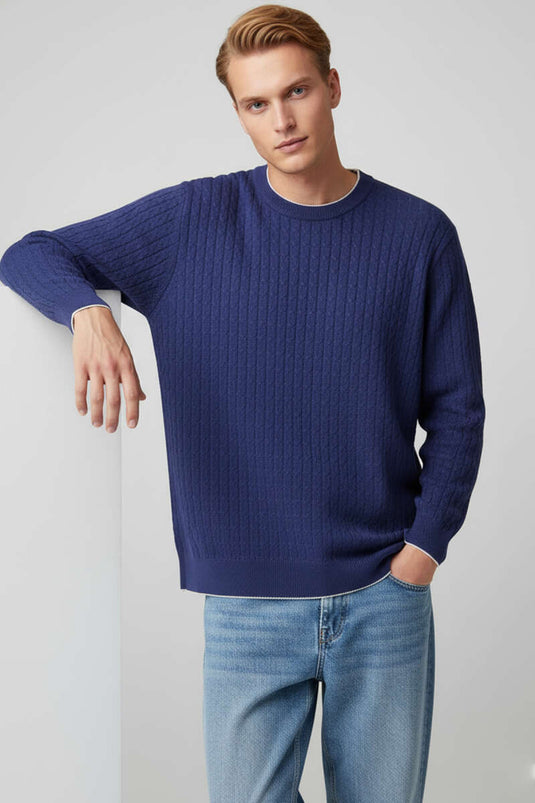 Pull homme en maille à motifs ton sur ton, bleu marine