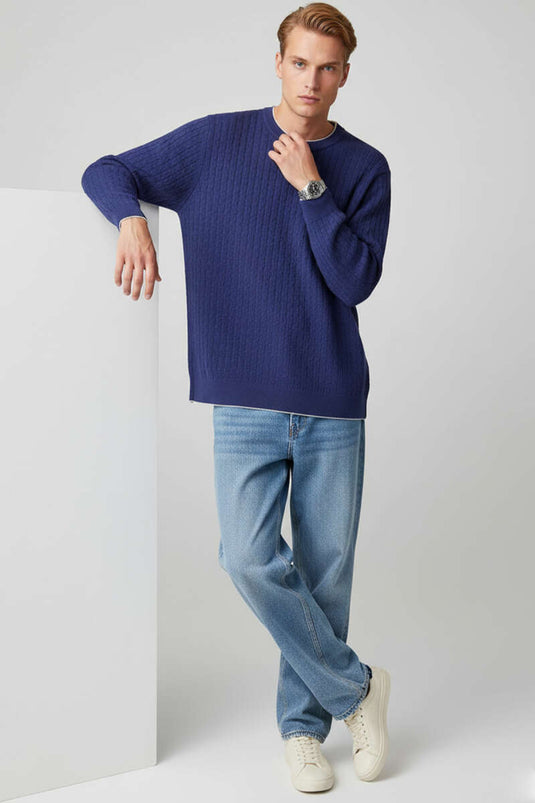 Pull homme en maille à motifs ton sur ton, bleu marine