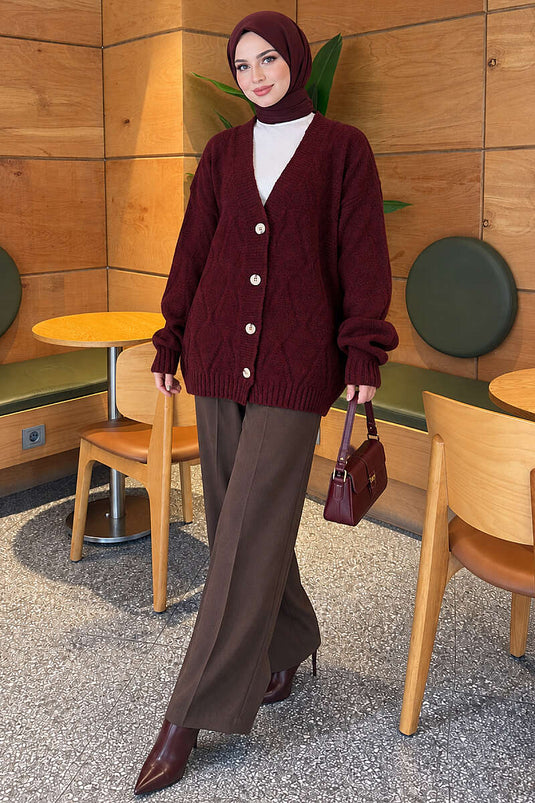 Gemusterter Strickcardigan Burgund