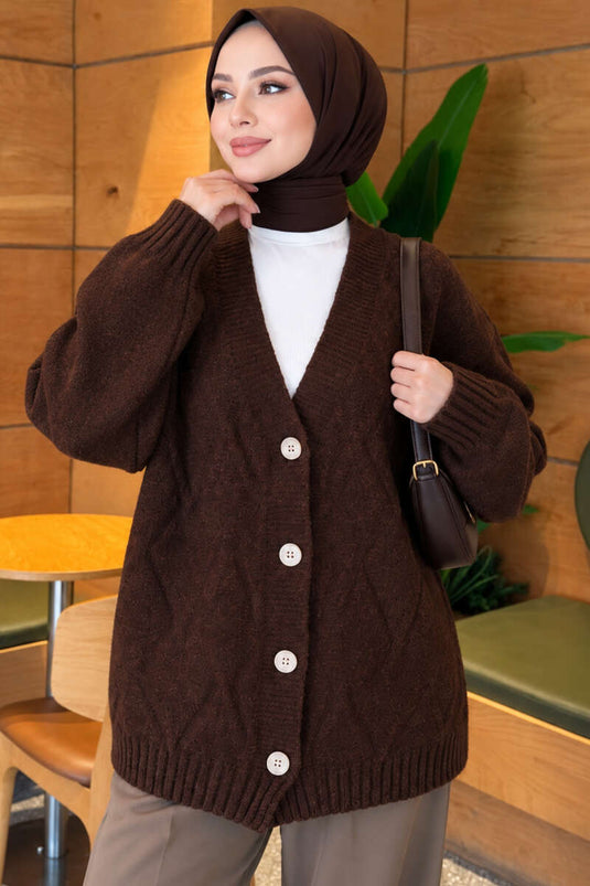 Gemusterter Strickcardigan In Braun