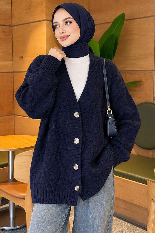 Gemusterter Strickcardigan Marineblau
