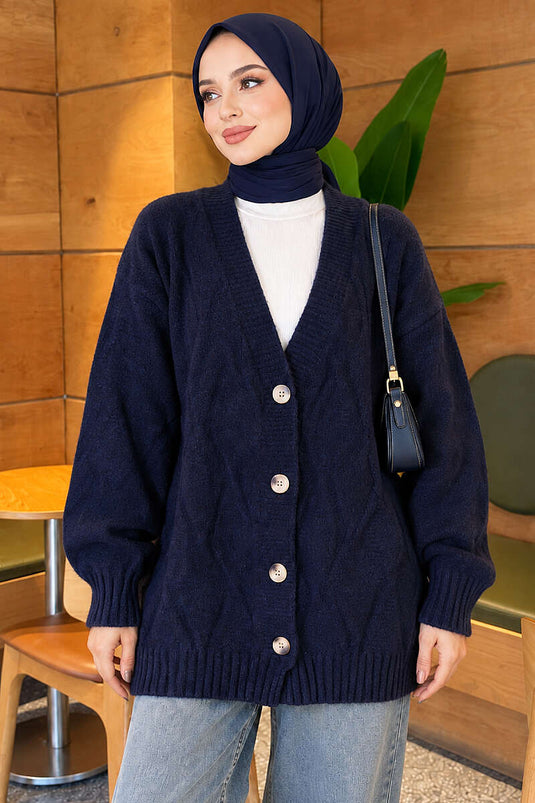 Gemusterter Strickcardigan Marineblau