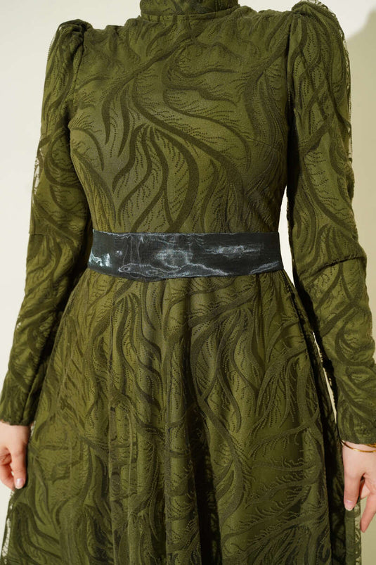 Self-Patterned Tulle Belt Evening Dress Khaki