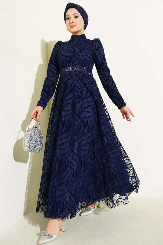 Self-Patterned Tulle Belt Evening Dress Navy Blue