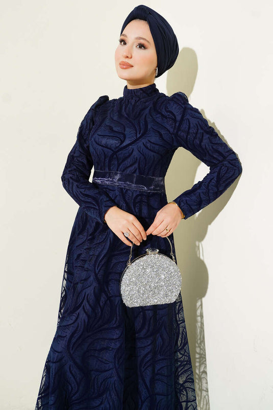 Self-Patterned Tulle Belt Evening Dress Navy Blue