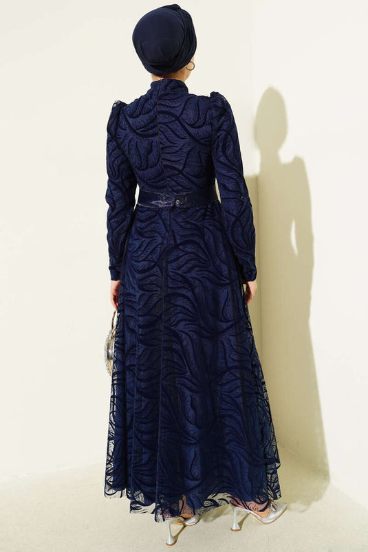 Self-Patterned Tulle Belt Evening Dress Navy Blue