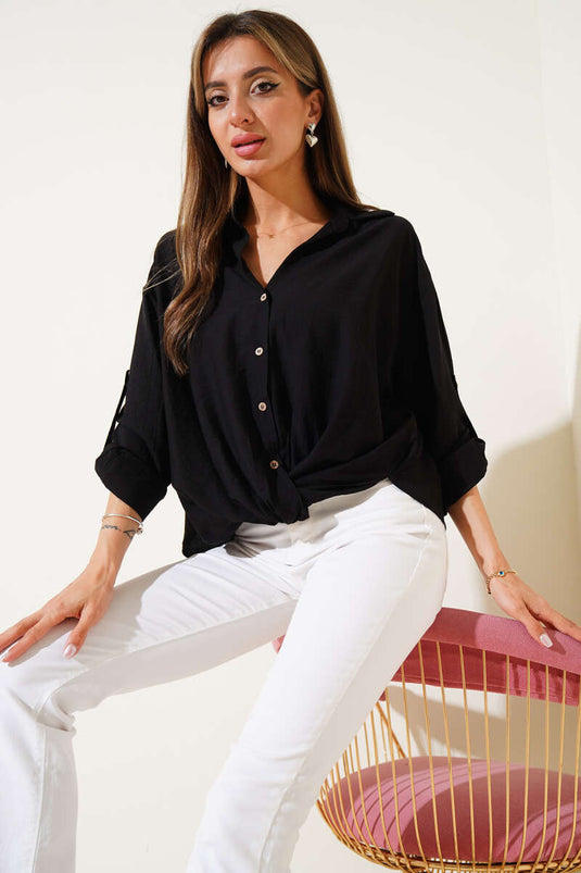 Schwarzes Hemd mit Selbstknoten