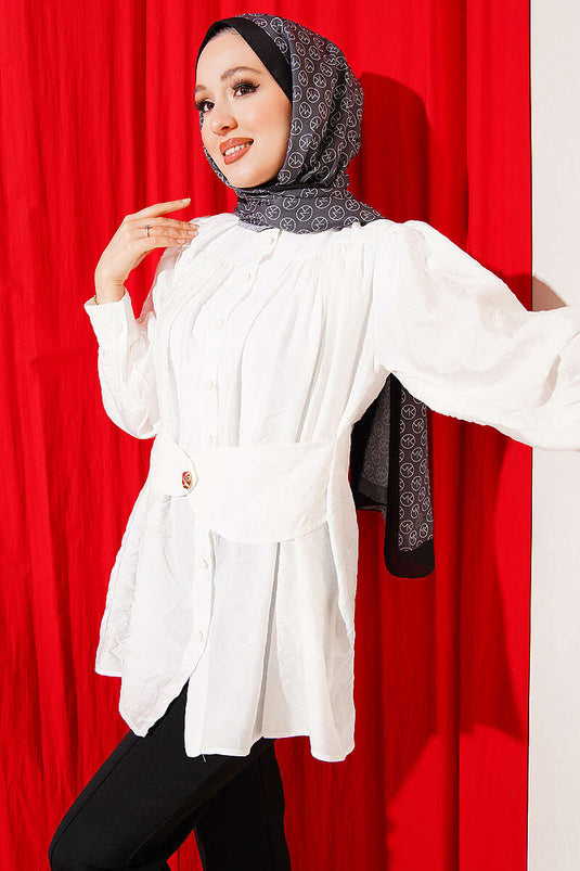 Camicia con dettaglio cintura integrata color ecru