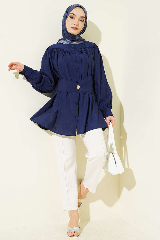 Overhemd met zelfgemaakte ceintuurdetails, marineblauw