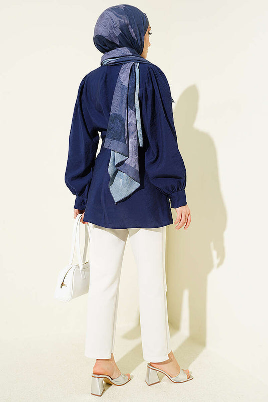 Overhemd met zelfgemaakte ceintuurdetails, marineblauw