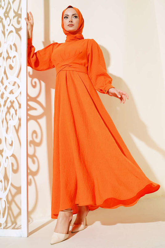 Kendinden Kuşak Bağlamalı Elbise Oranj