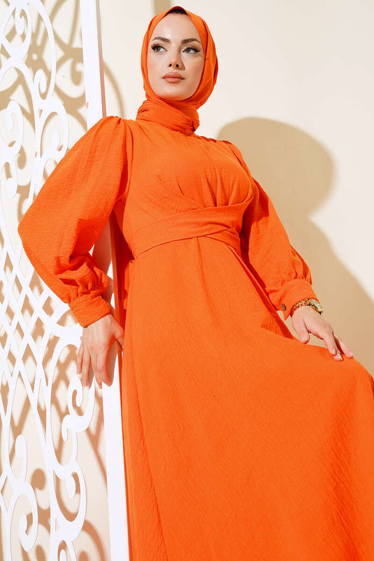 Kendinden Kuşak Bağlamalı Elbise Oranj