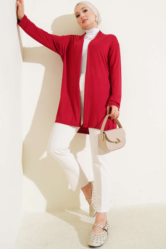 Cardigan basique à ceinture rouge bordeaux