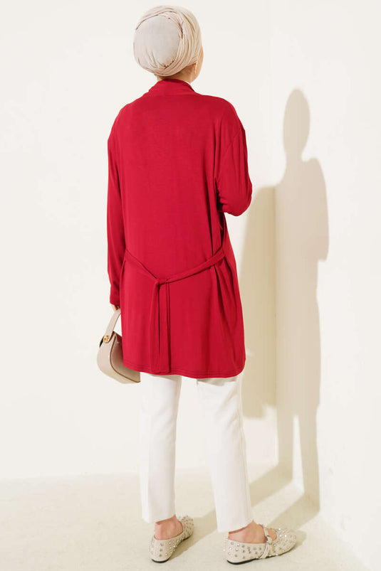 Cardigan basique à ceinture rouge bordeaux