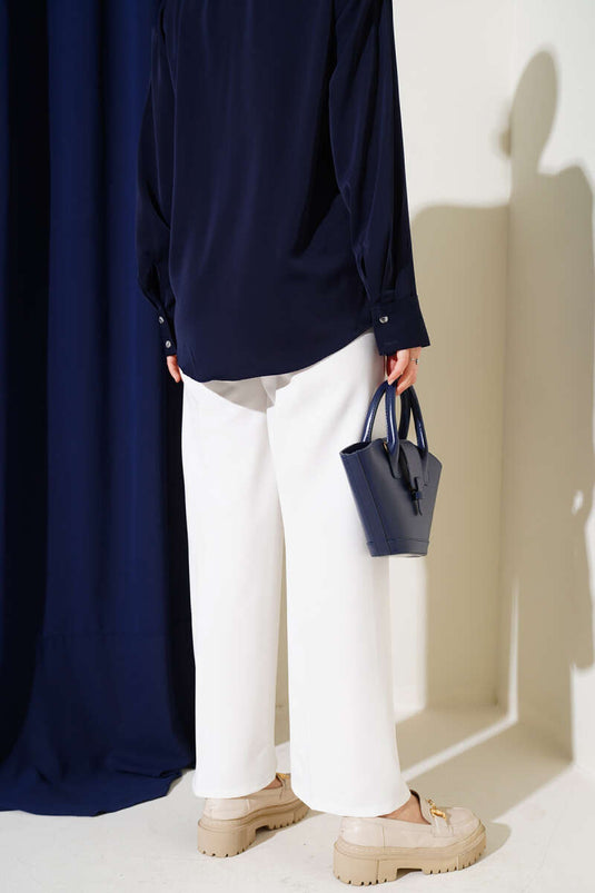 Kendinden Kuşaklı Dabıl Pantolon Beyaz