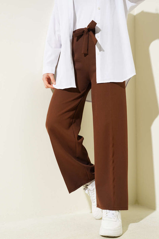 Kendinden Kuşaklı Dabıl Pantolon Kahve