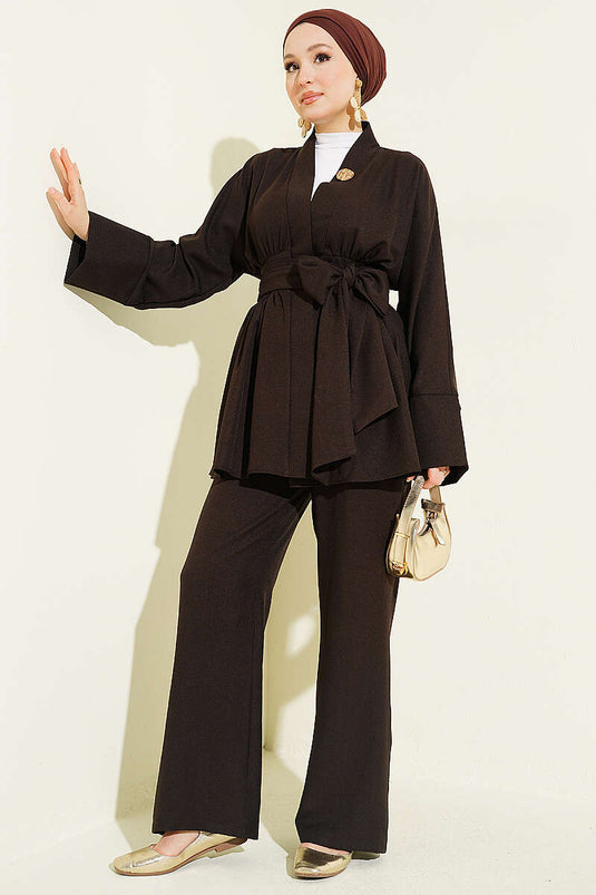 Kimono-Set mit Gürtel in Dunkelbraun, zweiteilig