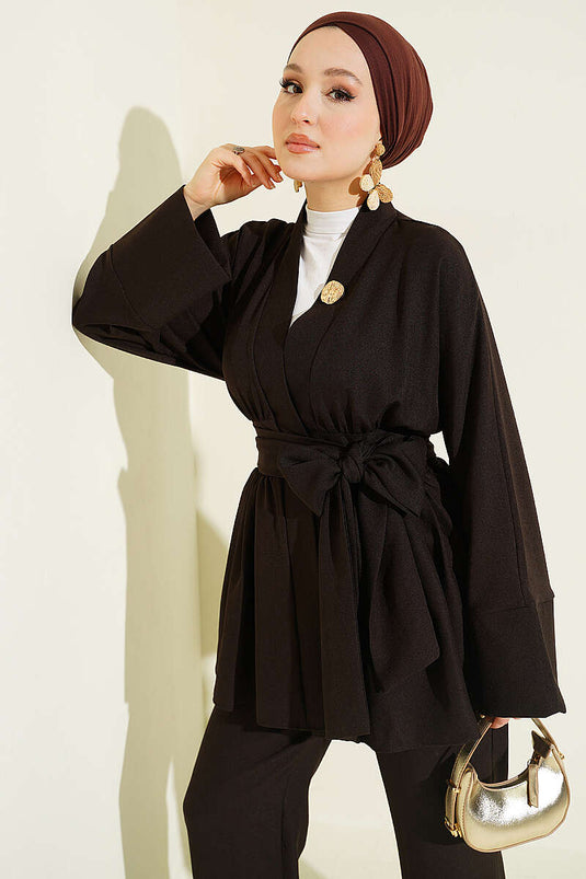 Kimono-Set mit Gürtel in Dunkelbraun, zweiteilig