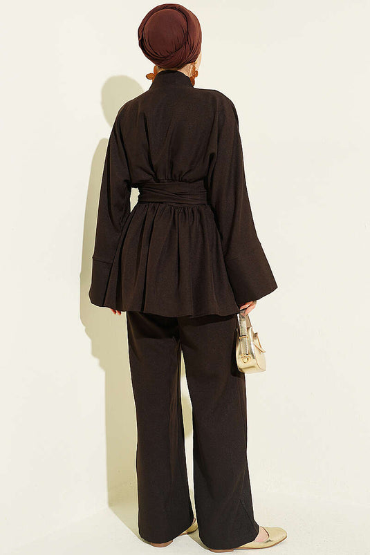 Kimono-Set mit Gürtel in Dunkelbraun, zweiteilig