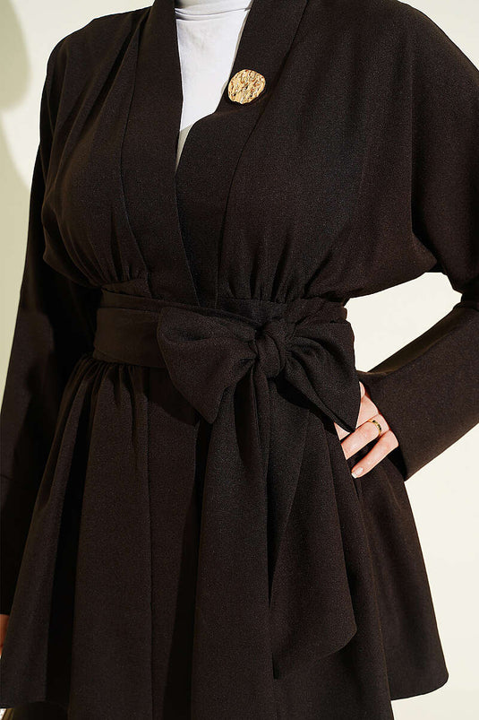 Kimono-Set mit Gürtel in Dunkelbraun, zweiteilig
