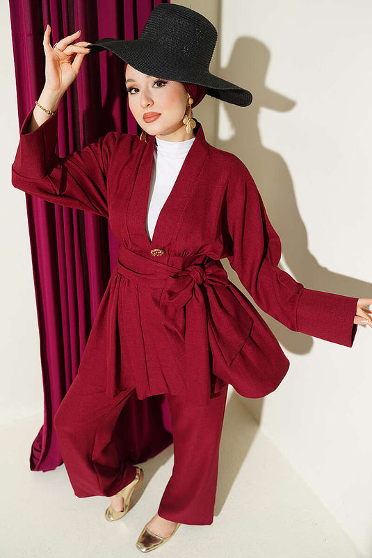 Self-Belted Kimono Two-Piece Set Burgundy