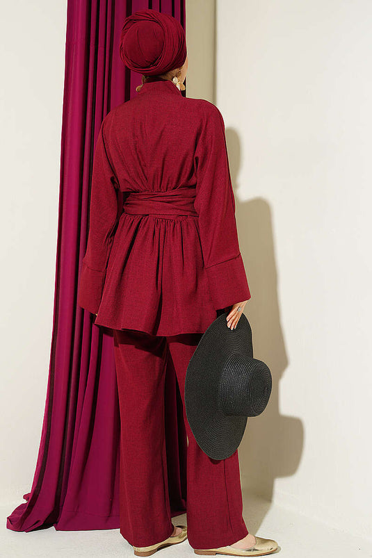 Self-Belted Kimono Two-Piece Set Burgundy