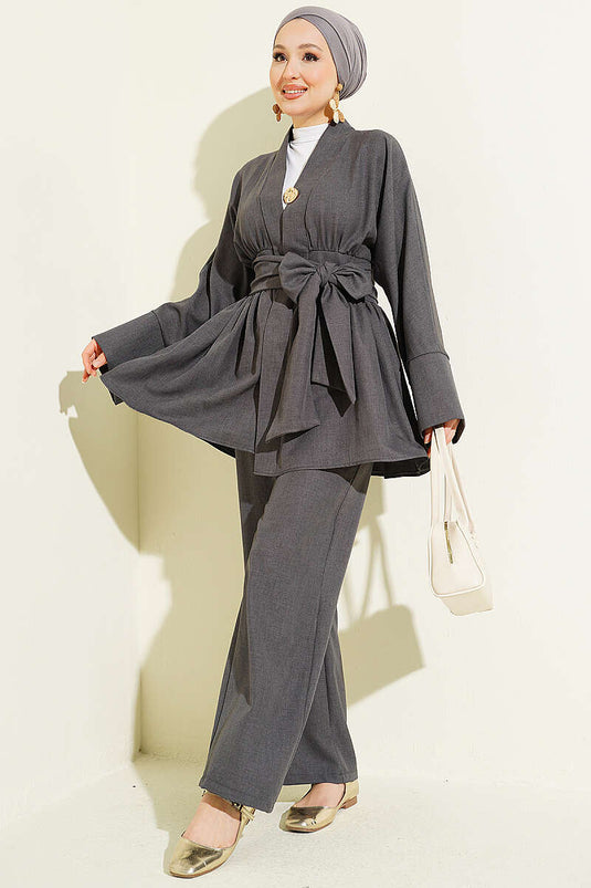 Self-Belted Kimono Two-Piece Set in Smoke Gray